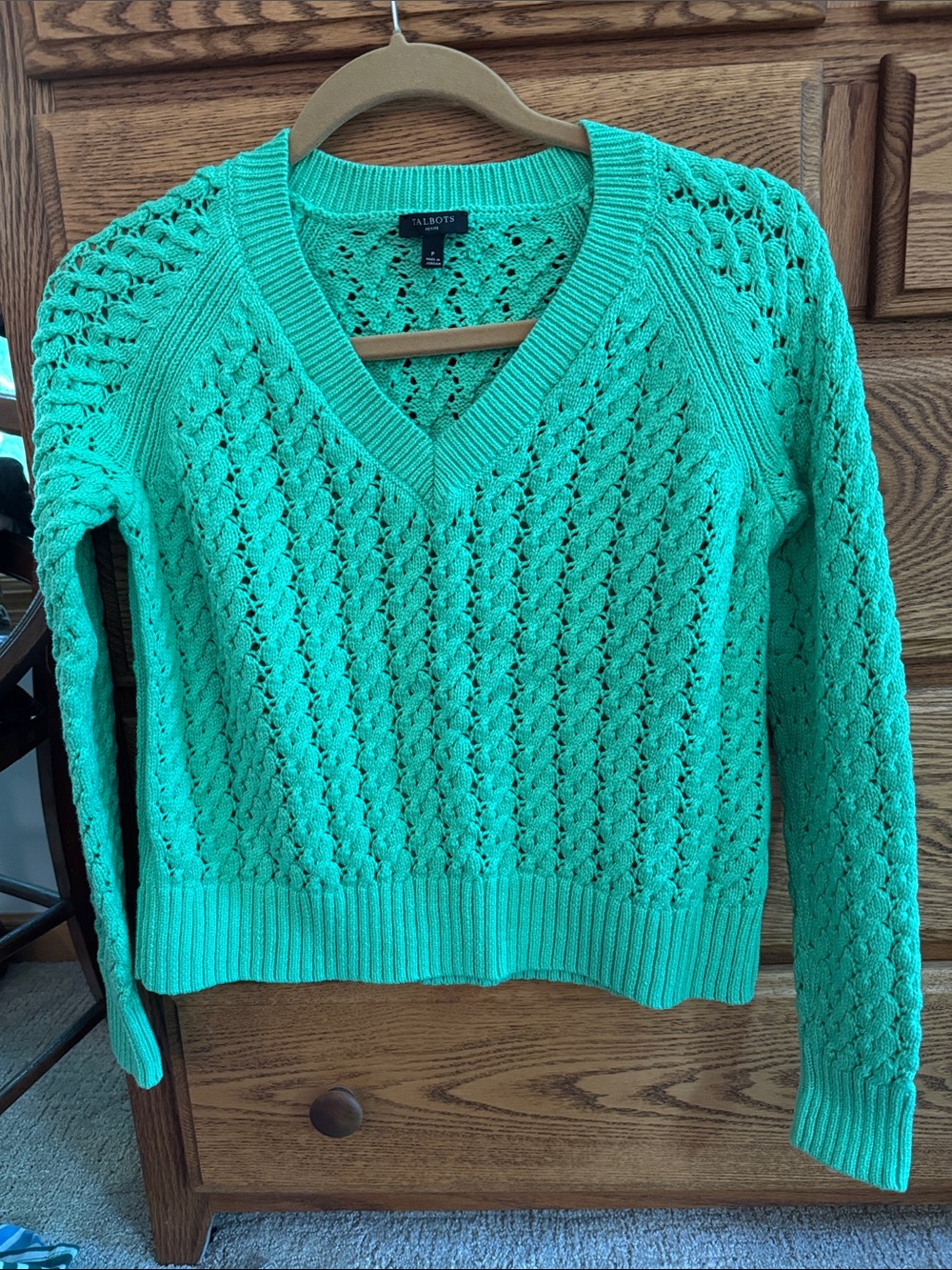 Talbots Bright Mint Green V-Neck Pointelle Sweater